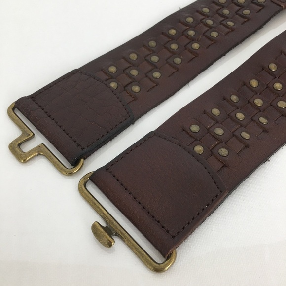 Wide Boho Woven Leather Stretchy Belt Brown with Brass Studs Women’s Size L/XL main image 4